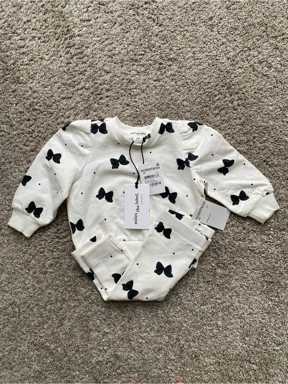 New Mille the Label Kids Cream Matching Set with Black Bow Print